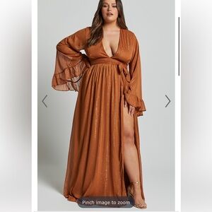 DANGEROUS WOMAN MAXI DRESS - PLUNGE THIGH SPLIT DRESS IN RUST